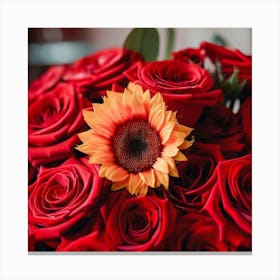 Red Roses With Sunflower Canvas Print