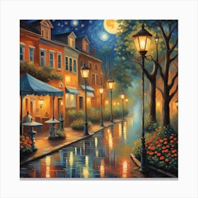 Enchanted Evening Street - Rain-Reflected Lamps and Classic Architecture Canvas Print | Moonlit Urban Landscape Art Canvas Print