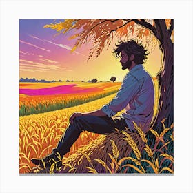 Man Sitting In A Wheat Field Canvas Print