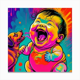 Baby Laughing With Dog Canvas Print