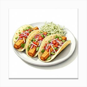 A Charming Watercolor Image Of A Plate Of Crispy And Flavorful Fish Tacos With A Side Of Coleslaw 1 Canvas Print