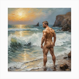 Naked Bodybuilder On The Beach, Vincent Van Gogh Style, naked butt Canvas Print
