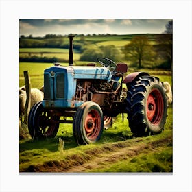 Old Blue Tractor Field Sheep Agriculture Vintage Farming Rural Machinery Pasture Livestoc (2) Canvas Print