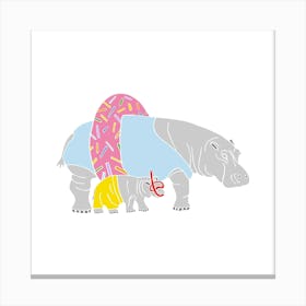 Hippos With Pool Donut Ringo And Snorkel, Fun Safari Animal Print, Square Canvas Print