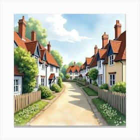 A Quaint English Village Street With Charming Houses, Watercolor Depiction Canvas Print