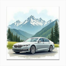 Modern Sedan With A Picturesque Mountain View, Watercolor Painting 1 Canvas Print