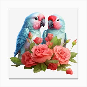 Couple Of Parrots With Roses 6 Canvas Print