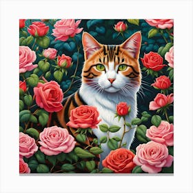 Feline Elegance in the Rose Garden Canvas Print