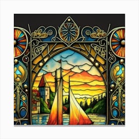 Image of medieval stained glass windows of a sunset at sea Canvas Print