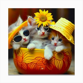 Kittens And Sunflowers In Pots 3 Canvas Print