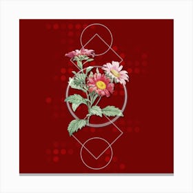 Vintage Red Aster Flowers Botanical with Geometric Line Motif and Dot Pattern n.0086 Canvas Print