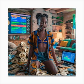 Girl Sitting On A Pile Of Coins Canvas Print