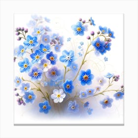 Title: "Blossoming Serenity"  Description: "Blossoming Serenity" is a delicate and vibrant artwork that evokes the beauty of springtime. The composition is a flourishing cluster of forget-me-nots, with their signature blue petals and bright yellow centers, gently peppered with shades of pink and white. The soft, almost translucent petals seem to glow with an inner light, as if caressed by the soft touch of the sun. Fine, curving tendrils and buds add a sense of growth and liveliness, suggesting the continual renewal of life. This image embodies the grace and tranquility of a blooming garden, with each flower rendered in exquisite detail, creating a sense of depth and realism that invites the viewer to lean in closer, perhaps to catch the faint scent of spring. Canvas Print