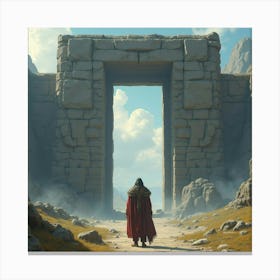 Ancient Warrior Standing Before A Colossal Stone Gate Canvas Print