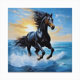 Black Horse Running In The Ocean Canvas Print