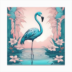 Blue Flamingo And Pink Lillies Canvas Print