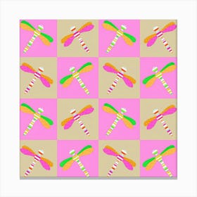 Pink And Green Dragonfly Checkerboard Canvas Print