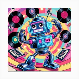 A Vibrant, Neon Lit Cartoon Style Animated Gif Featuring A Retro Futuristic Robot With Shiny Metallic Skin, Glowing Blue Circuits, And Neon Pink Accents, Busting Energetic Dance Moves (4) Canvas Print