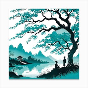 Chinese Landscape With Tree, Turquoise And Black Canvas Print