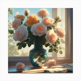 Apricot Pink Roses In A Vase Canvas Print