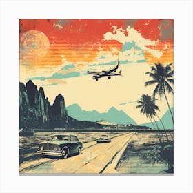 Vintage, Retro Travel Poster Tropical, Palm Trees, Airplane, Sun 2 Canvas Print