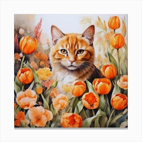 Cat In Orange Tulips 1 Canvas Print