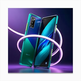 A Highly Detailed, Futuristic 3d Rendered Depiction Of A Sleek Mobile Phone, Showcasing A Vibrant, Electric Blue And Neon Green Color Scheme With Metallic Accents, Set Against A Dark, Gradient Purple Background  Canvas Print