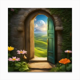 Fairytale Landscape With Green Door Canvas Print