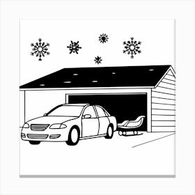 Car In Garage With Snowflakes Canvas Print