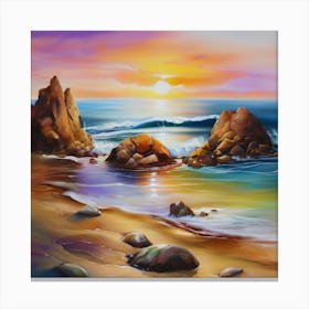 Artwork, oil colors, sea and sunset, seashore, beach rocks.San Francisco, USA.6 Canvas Print