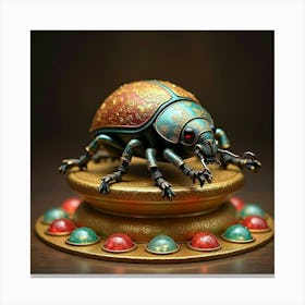 A Sacred Scarab Beetle Resting On A Golden Pedestal Surrounded By Jewels Canvas Print