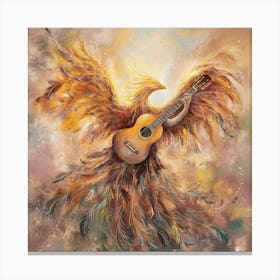 Phoenix awater color paint An exquisite, abstract rendition of soulful strumming, where the guitar is metaphorically replaced by a soaring, ethereal phoenix. The bird's vibrant feathers cascade like strings, emanating a warm, golden glow. As it strums its own divine melody, the phoenix embodies the spiritual essence of music, transcending physicality and resonating with the deepest chords of the soul. The background is a harmonious blend of dreamy, impressionistic hues, evoking a sense of transcendence and boundless creativity. Canvas Print