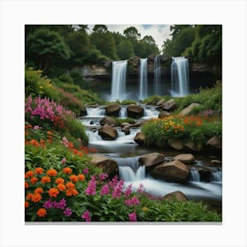 Waterfalls And Flowers Canvas Print