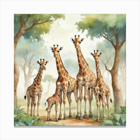 Cute Giraffe Herd Under The Trees Illustration 1 Art Print 3 Canvas Print