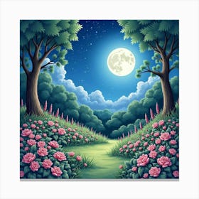 Enchanting Watercolor Garden Under Moonlit Sky 1 Canvas Print