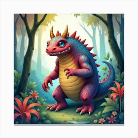 Monster In A Colorful Watercolor Jungle 1 Canvas Print