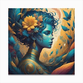 Woman With Blue Hair And Flowers Canvas Print