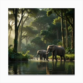 A Family Of Elephants Drinking From A Tranquil River In The Heart Of A Lush Jungle, With Tall Trees And Greenery Framing The Scene Canvas Print