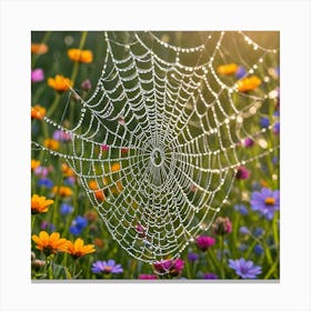 Spider Web In A Flower Field Canvas Print