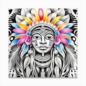 Aztec Indian Headdress Monochromatic Watercolor Canvas Print