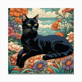 Black Cat With Flowers 4 Canvas Print