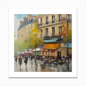 Paris Cafe Street Paris city, pedestrians, cafes, oil paints, spring colors. Canvas Print