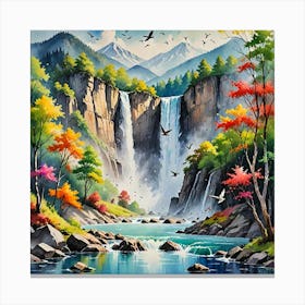 Water Colored Painting Water Color Spray Landscape Mountain Waterfall Birds Fly Vibrant Color Illust 1851560310 Canvas Print