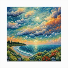 Sunset At The Beach.Sunrise Serenity: Vibrant Seascape Oil Painting, neo-impressionist style-wall art Canvas Print