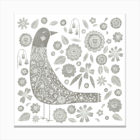 Scandinavian Bird And Flowers Gray and White Canvas Print