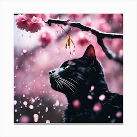 Black Cat amongst the Cherry Blossom Trees on a Rainy Day 2 Canvas Print
