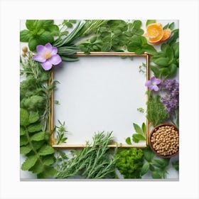 Frame With Herbs On White Background Canvas Print