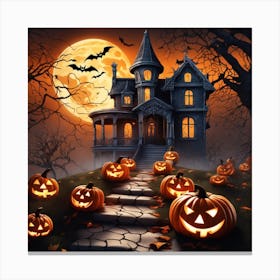 Halloween House With Pumpkins Canvas Print