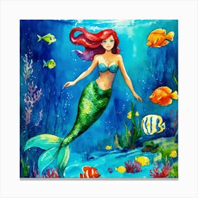 Painting The Little Mermaid Swimming In The Ocean (2) Canvas Print