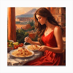 Girl Eating Spaghetti Canvas Print